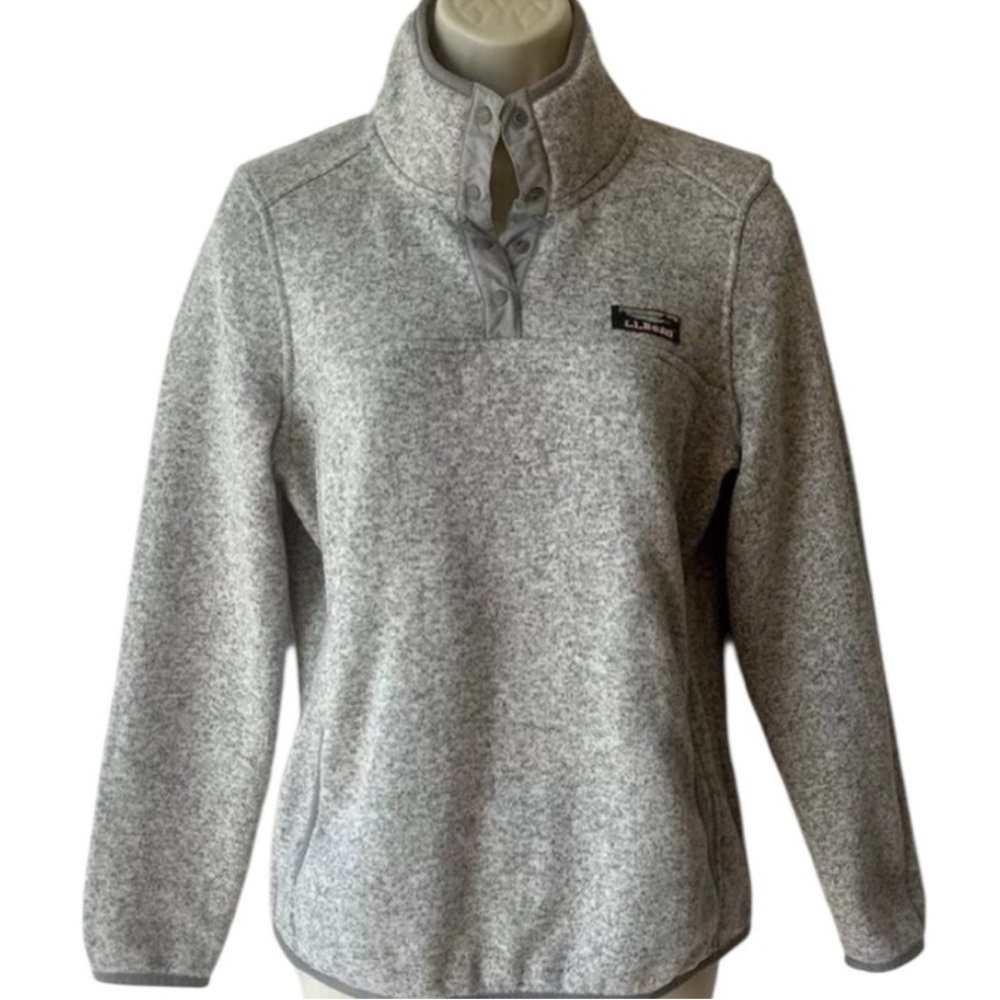 L.L. Bean Fleece Knit Sweater Pullover Quarter Snap in Heather Gray / Pewter - Picture 2 of 5